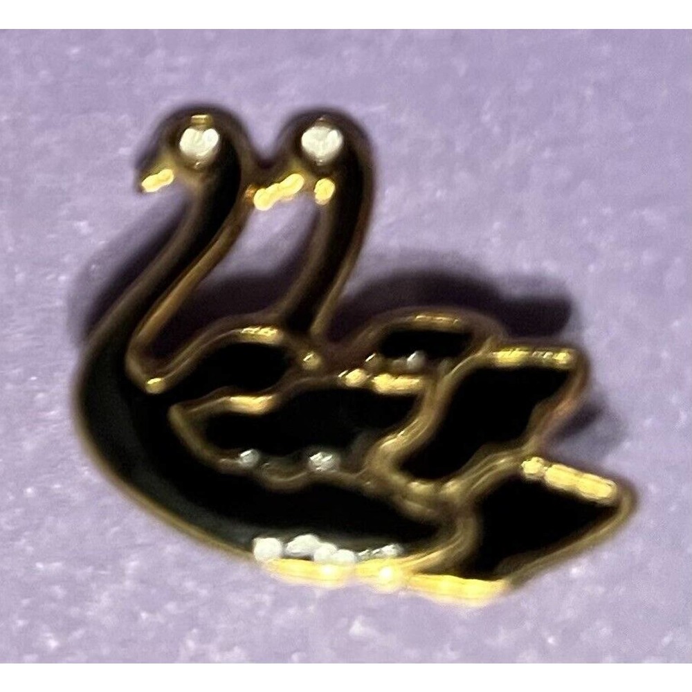 Vintage Gold Tone Black Enamel Two Black Swan Brooch Pin Clear Rhinestone Eyes